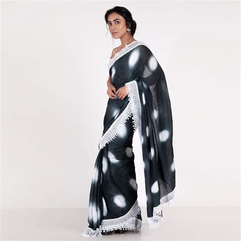 Sarees: Shop Chiffon Saree Black tie and dye saree with crochet lace ...