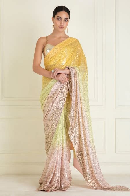 Buy Yellow Georgette, Linen Sequins, Beads, Ombre Pre-stitched Saree ...