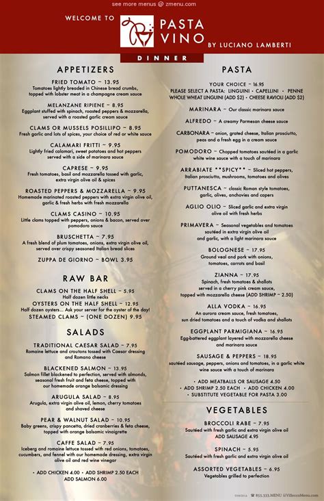 Pasta Vino Menu