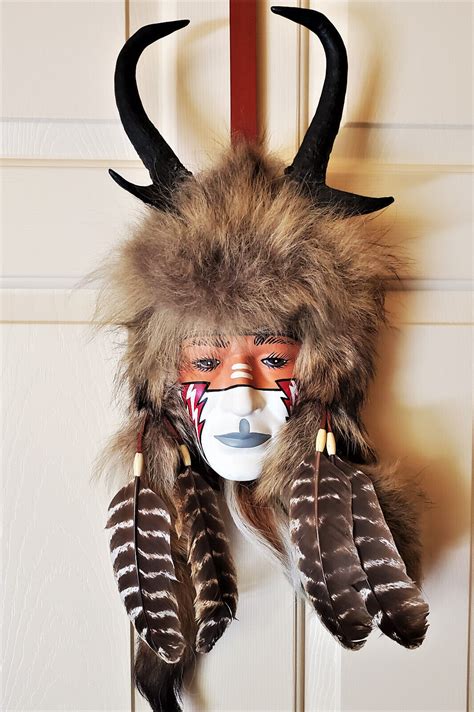 Native American Spirit Mask Wall Hanging With Fur Feather Horn Beads ...