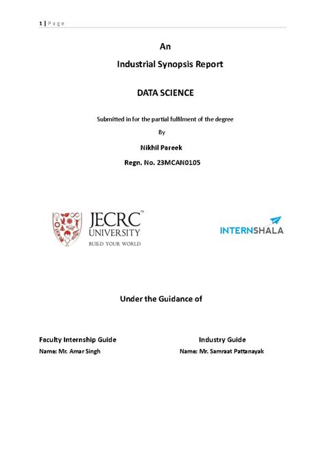 Internship Synopsis Report for Data Science [101] - Studocu