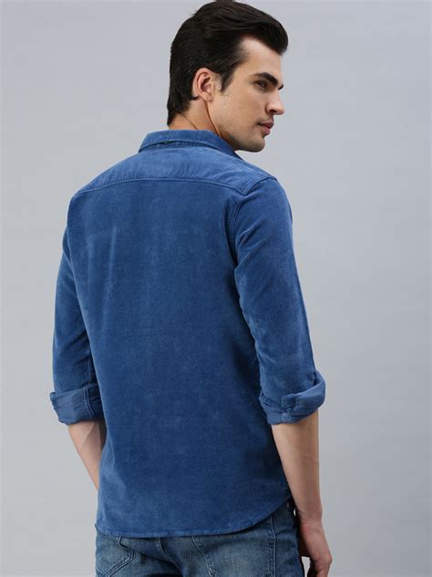 royal blue slim-fit stretch corduroy shirt with patch pocket – necked jeans