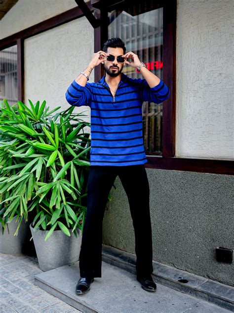 Royal Blue Zipper Striper Self Design T-Shirt – Gritstones