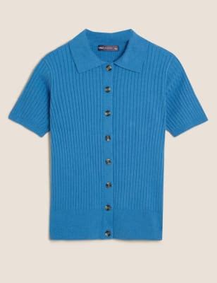 Ribbed Collared Button Through Knitted Top