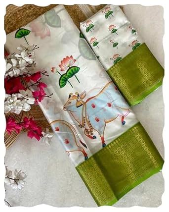 Buy Peachmode White Floral Printed Doal Silk Saree | Zari Work & Woven ...