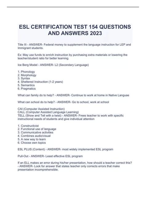 Summary ESL CERTIFICATION TEST 154 QUESTIONS AND ANSWERS 2023 - ESL ...