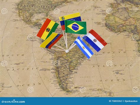 South America Continent with Flag Pins of Sovereign States on Map Stock ...