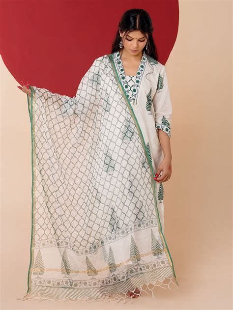 White Blue Hand Block Printed Cotton Suit- Set of 3