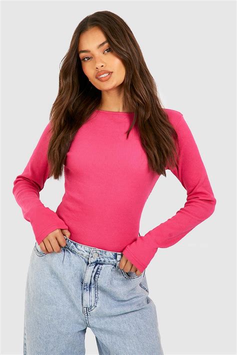 Pink Basic Rib Crew Neck Long Sleeve Bodysuit | boohoo UK