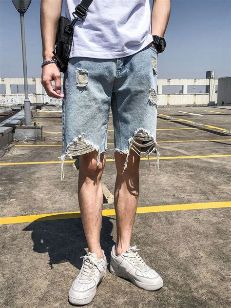 Men Ripped Raw Cut Denim Shorts | Mens denim shorts, Cut jean shorts ...