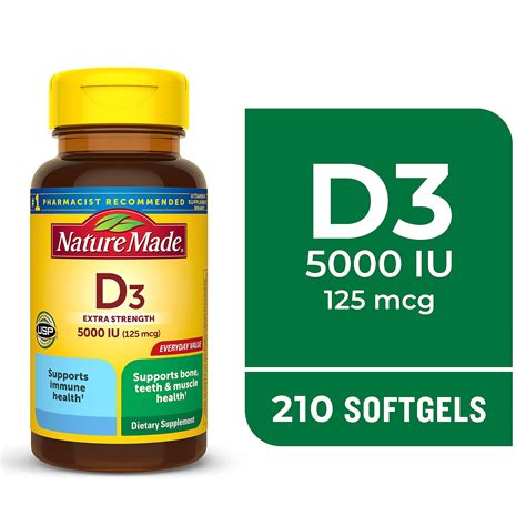 Nature Made Extra Strength Vitamin D3 5000 IU (125 mcg) Softgels, Dietary Supplement, 210 Count ...