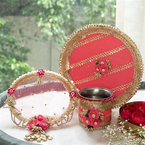 Buy Peachy Bridal Karwa Chauth Thali Set Online in India - Mypoojabox.in