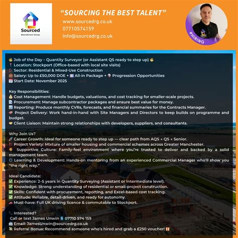 🧾 Quantity Surveyor – Stockport (Manchester) 💷 Salary: £50,000 (All-in package) 📅 Start ...