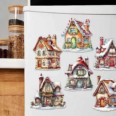 Christmas Houses Decorative Wooden Magnets Set of 6 by G. Debrekht