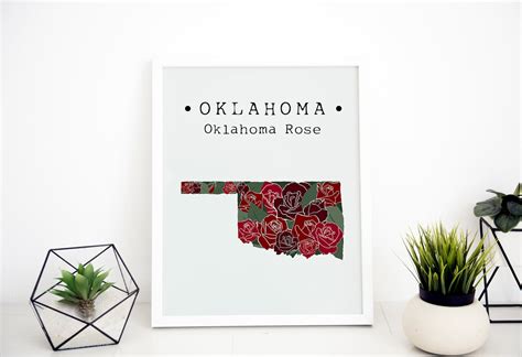 Oklahoma State Flower Wall Art, Oklahoma Rose Print, Oklahoma Map Art ...