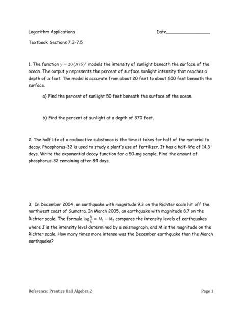 Logarithm Applications Worksheet: Algebra Problems