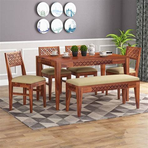 SONA ART & CRAFTS Solid Sheesham Wood & Jute Fabric 6 Seater Dining Set ...