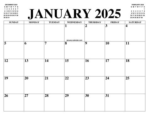 Printable Monthly Calendar January 2025 Free