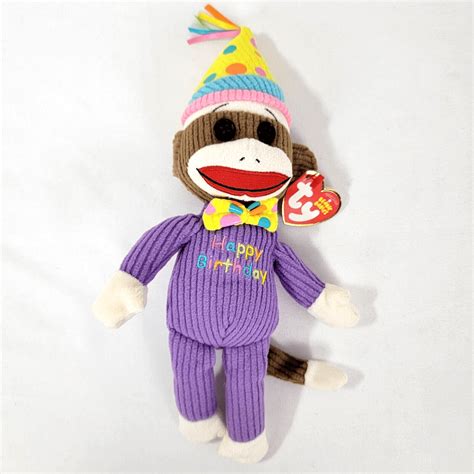 TY Beanie Baby - HAPPY BIRTHDAY Sock Monkey (BONUS 1 FUN CHOPS ...