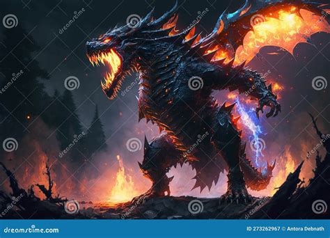 Fire Breathes Explode from a Giant Dragon Full Body in a Black Night ...