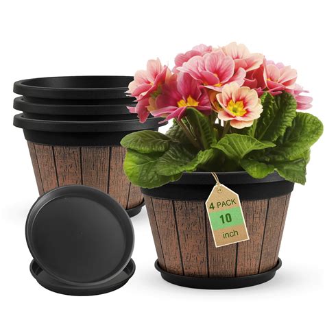 Ophelia & Co. 4 Pack 10 Inch Plant Pots,Upgrade Whiskey Barrel Planters ...