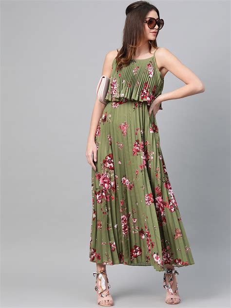 Buy SASSAFRAS Olive Green & Pink Accordion Pleat Printed Maxi Dress ...