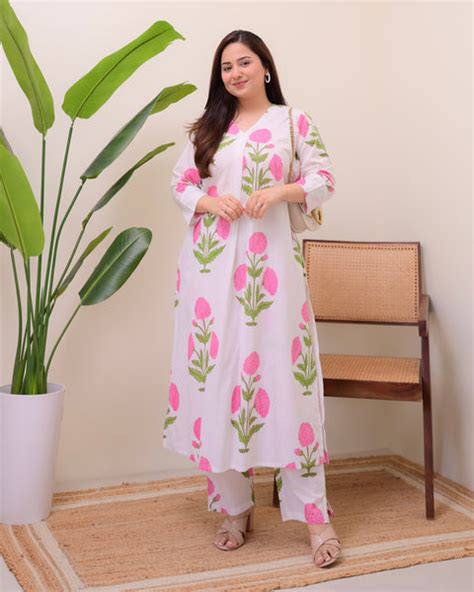 Pink Lush Bloom Floral 2 Piece Pure Cotton A Line Kurta Set For Women ...
