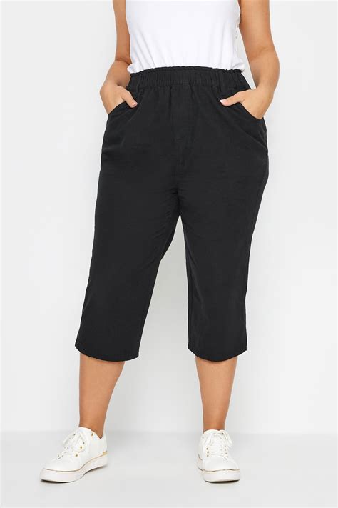 YOURS Plus Size Black Elasticated Cool Cotton Cropped Trousers | Yours ...