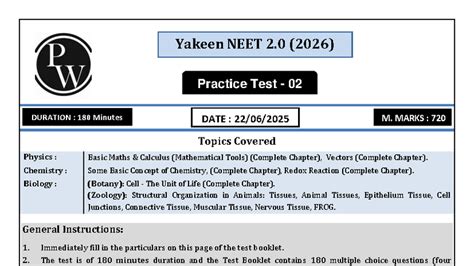Yakeen NEET 2.0 (2026) Practice Test 02 Answer Key & Solutions - Studocu