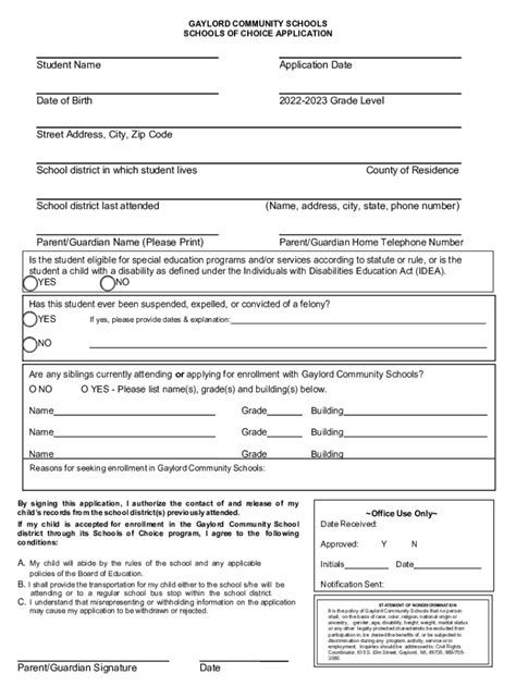 Fillable Online Gaylord Community Schools Schools of Choice Application ...
