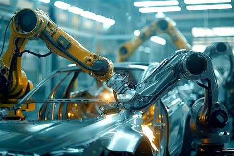 Robotic arms work on a car in a factory, an example of industrial AI