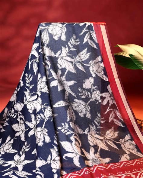 Elegant Semi Chanderi Saree with Floral Motifs & Zari Border - Navy