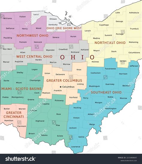 Ohio State Regions Map Counties Colored Stock Vector (Royalty Free ...