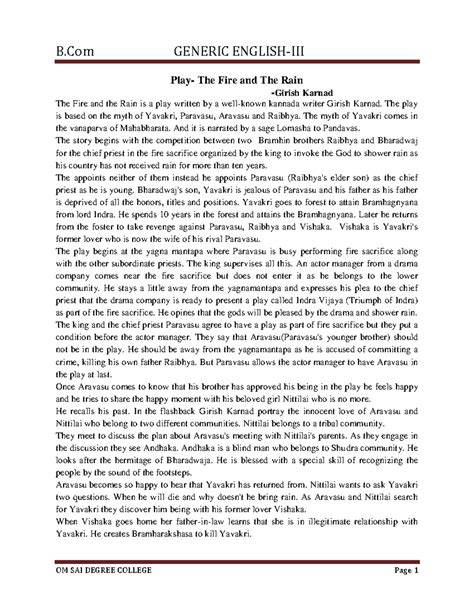 B.Com GENERIC Notes on "The Fire and The Rain" by Girish Karnad - Studocu