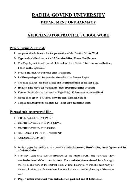 Guidelines FOR Practice School WORK - RADHA GOVIND UNIVERSITY ...