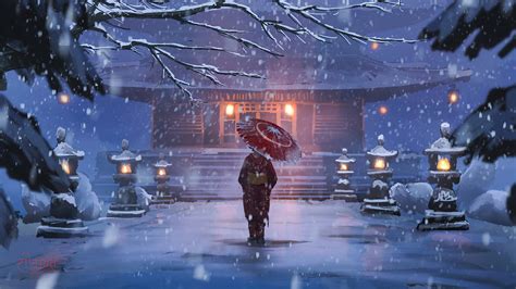 Chica anime en invierno Fondo de pantalla 4K ID:9164