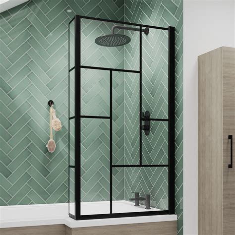 Vellamo City 6mm Matt Black Hinged Abstract L-Shaped Shower Bath Screen ...