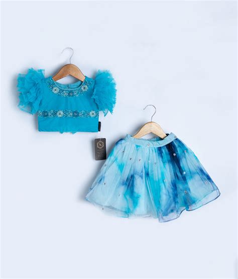 Blue Handworked Crop Top With Full Length Skirt For Baby Girl ...