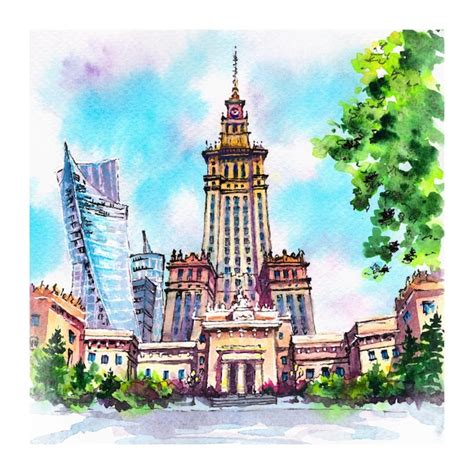 Watercolor sketch of palace of culture and science in warsaw poland ...