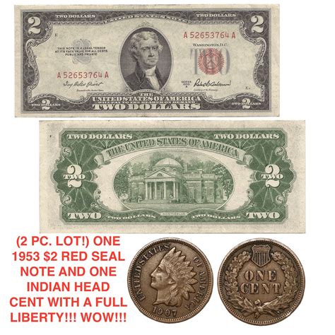 (2 PC. LOT) ONE EACH 1953 $2 RED SEAL NOTE BILL + INDIAN HEAD CENT XF ...