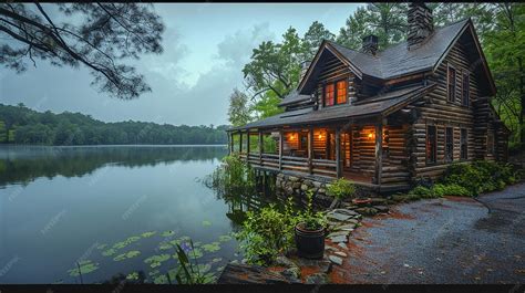 Premium Photo | A log cabin with a lake in the background