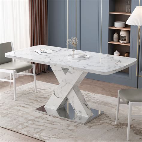 Stretchable Dining Table, Modern Square Dining Table, white Marble Table Top+MDF X-Shape Table ...