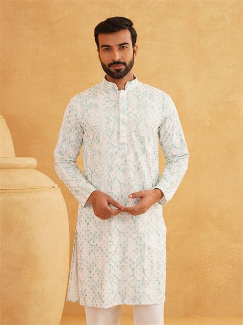 Men's Cotton Gold Sequinned Embroidered White & Green Kurta – Sojanya