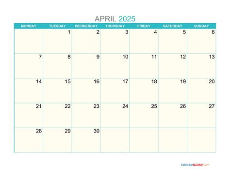 April Monday 2025 Calendar Printable | Calendar Quickly