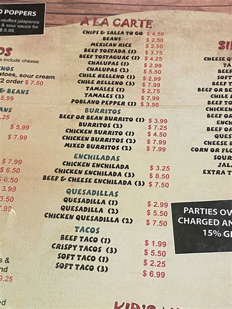 Menu at Yucatan Restaurant, Sumter