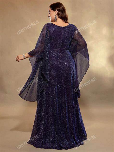 UNITHORSE Plus Size Women Elegant Shiny Flare Sleeve Cocktail Dress ...