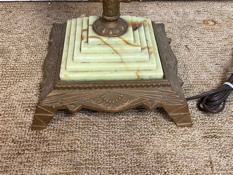Antique Cast Iron Brass Bridge Arm Floor Lamp Jade Green Slag Glass Marble