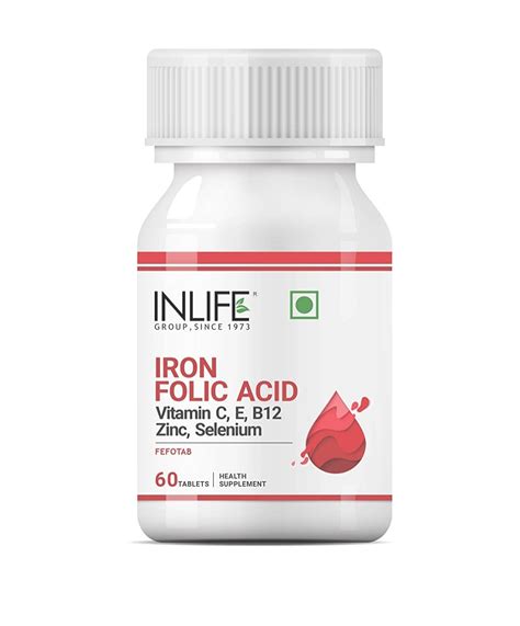 INLIFE Chelated Iron Folic Acid Supplement with Vitamin C, E, B12, Zinc ...