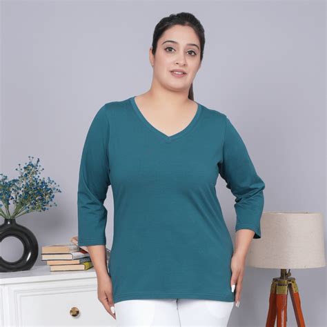 Teal V-neck cotton 3/4 sleeve t-shirt for women