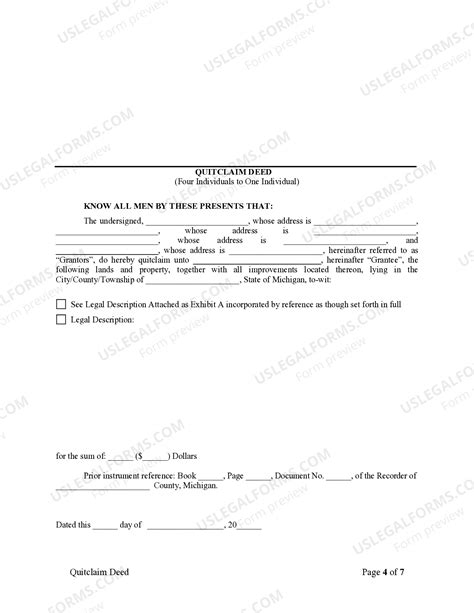 Michigan Quitclaim Deed for Four Individuals to One Individual ...